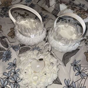 White Flower Girl Baskets and Ring Pillow Set